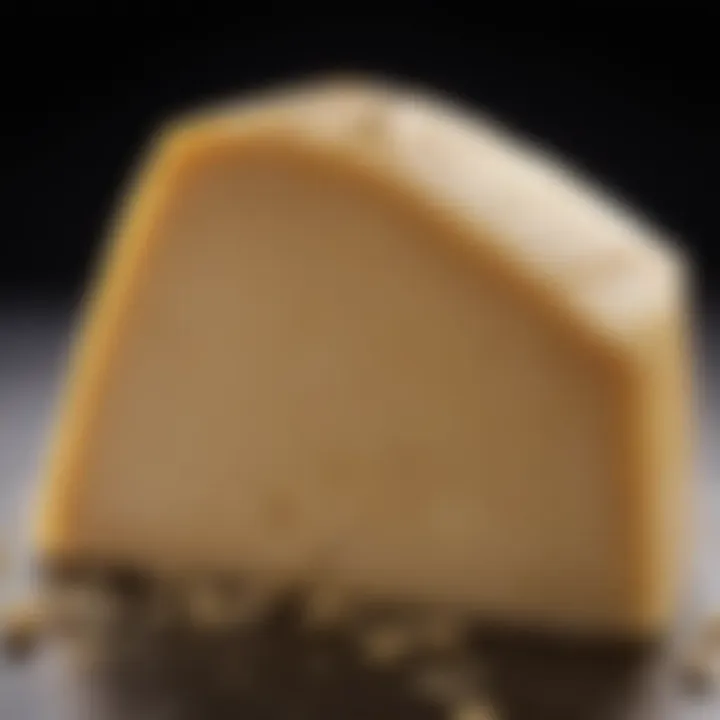 A close-up of a wedge of aged Parmigiano-Reggiano, highlighting its crystalline texture and rich color.