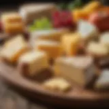 An assortment of hard cheeses displayed on a wooden board, showcasing their textures and colors.