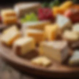 An assortment of hard cheeses displayed on a wooden board, showcasing their textures and colors.