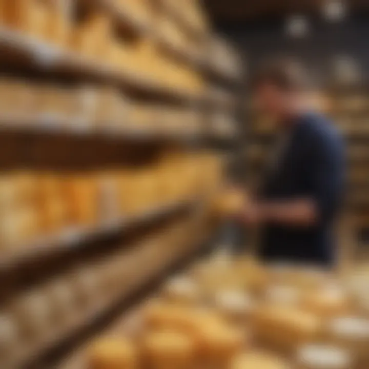 A cheese enthusiast examining a selection of hard cheeses in a gourmet shop, appreciating their distinct characteristics.