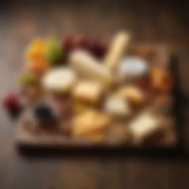 A beautifully arranged cheese platter featuring various hard cheeses paired with fruits, nuts, and artisan bread.