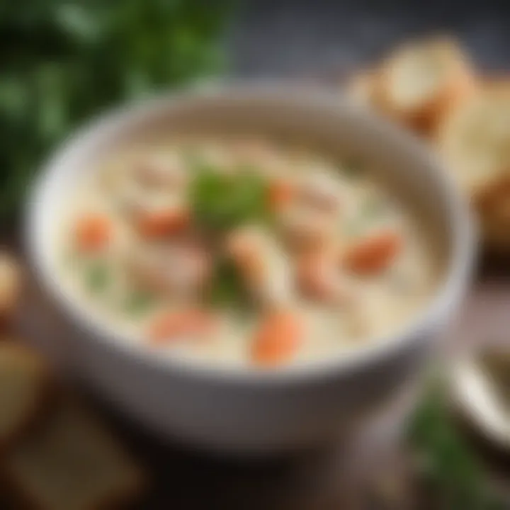 A rich bowl of seafood chowder garnished with fresh herbs