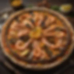 A vibrant paella showcasing an array of fresh seafood and colorful vegetables