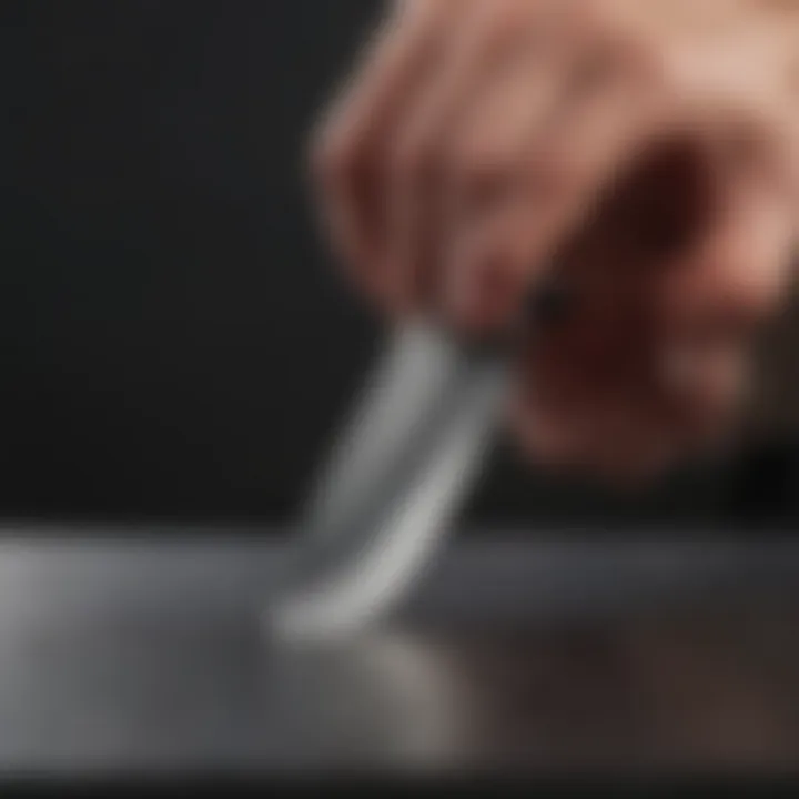 A detailed view of a chef knife's blade and handle.