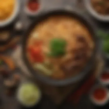 A close-up of traditional Asian ingredients like noodles, spices, and vegetables