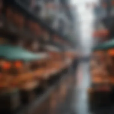 Vibrant Street Market for Asian Cuisine A scenic view of a bustling Asian street market showcasing food stalls