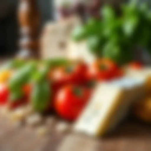 An array of vibrant Italian ingredients including fresh basil, ripe tomatoes, and aged cheese