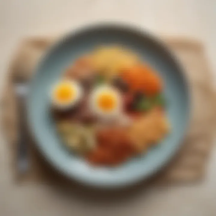 An artistic arrangement of a balanced dish combining fibers and proteins in an appealing manner.