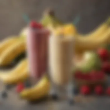 An assortment of diverse fruits complementing a banana smoothie.