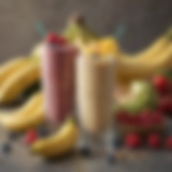 An assortment of diverse fruits complementing a banana smoothie.