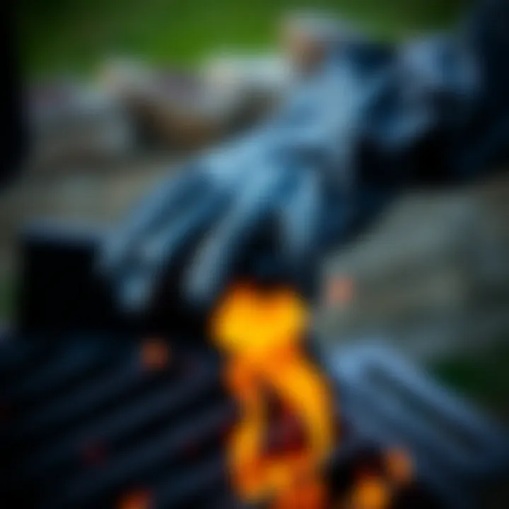A pair of gloves handling hot barbecue gear
