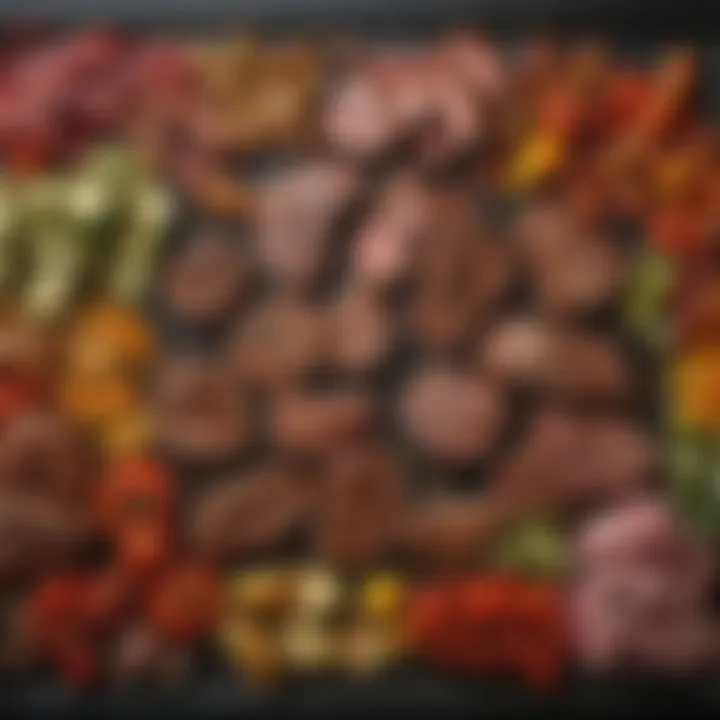 Colorful array of meats and veggies on a silicone mat over a grill
