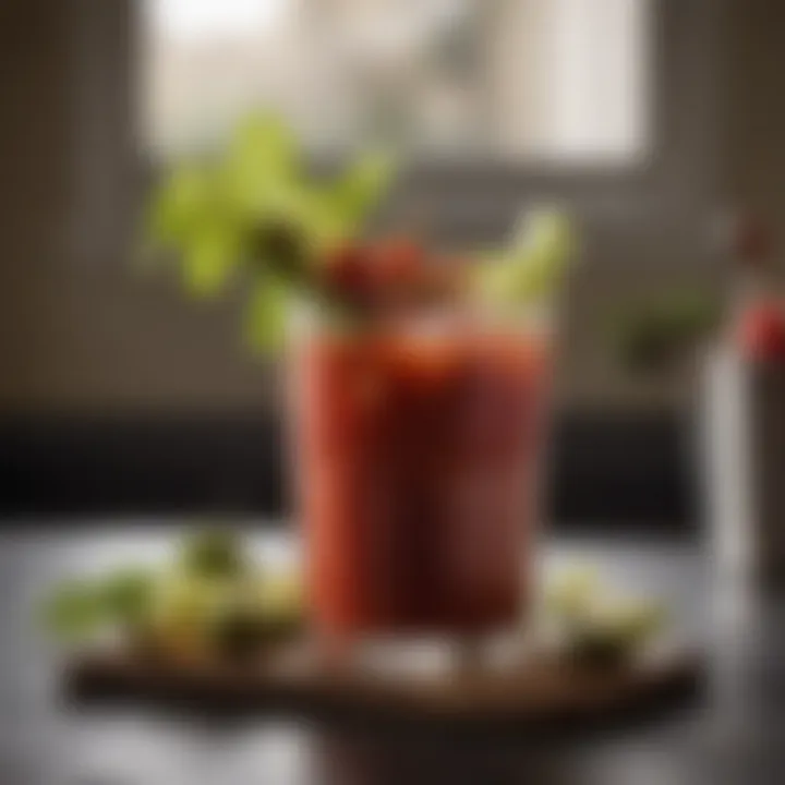 A vibrant glass of Bloody Mary garnished with celery and olives