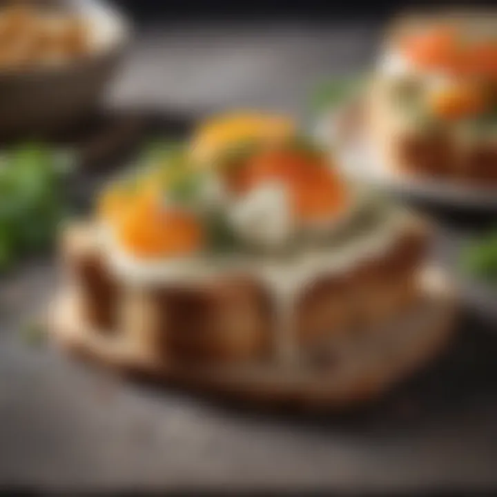 Artisan toast with toppings like fish roe, cream cheese, and dill