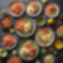 Colorful spread of pescatarian breakfast ingredients including avocados, smoked salmon, and eggs
