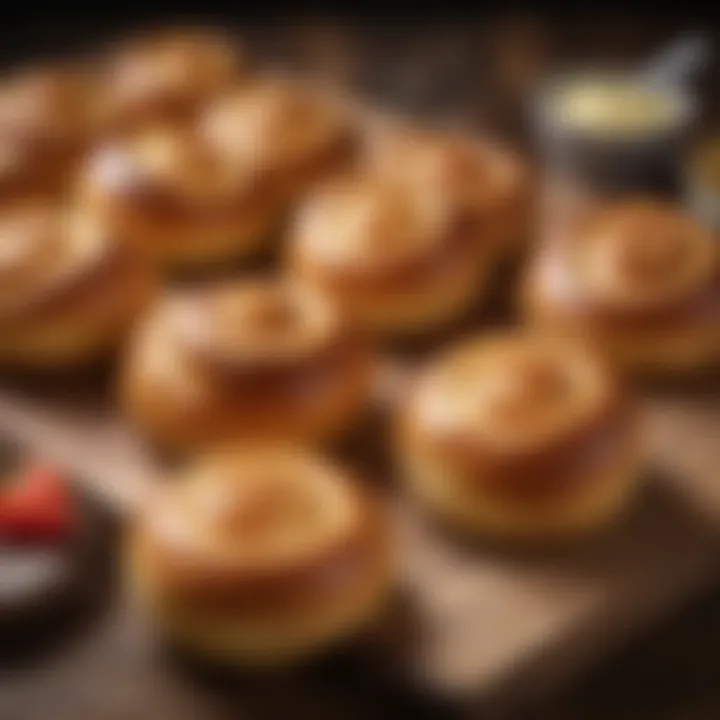 Artisan brioche rolls arranged on a rustic wooden table