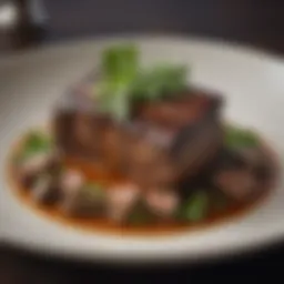 A beautifully plated dish of buffalo short ribs garnished with fresh herbs