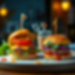A gourmet burger artfully arranged with fresh ingredients