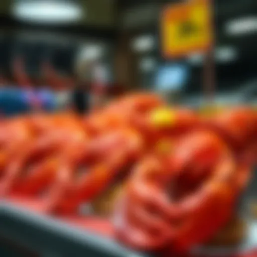 Majestic big lobsters displayed on a market counter