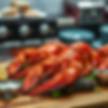 Selection of sustainably sourced seafood options including big lobsters