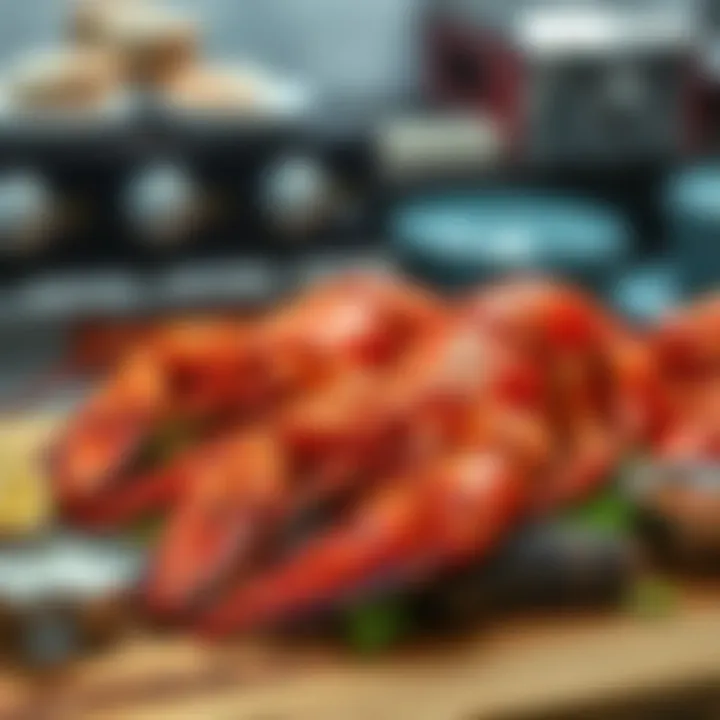 Selection of sustainably sourced seafood options including big lobsters
