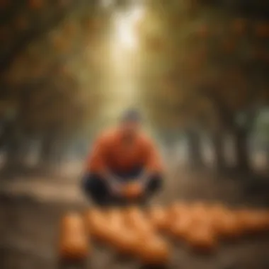 A farmer examining sumo oranges in an orchard