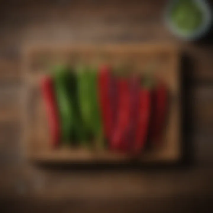 A selection of fresh Calabrian chili peppers arranged artfully on a rustic wooden table.
