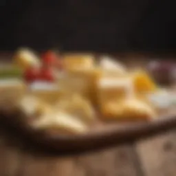 Different types of sliced cheese arranged on a wooden board