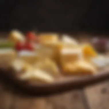 Different types of sliced cheese arranged on a wooden board