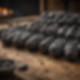 Different types of charcoal displayed in a rustic setting