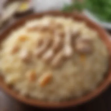 Close-up of fragrant rice cooked to perfection with chicken broth