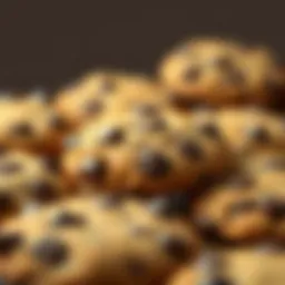 Close-up of freshly baked chocolate chip cookies with a golden brown color and melted chocolate chunks.