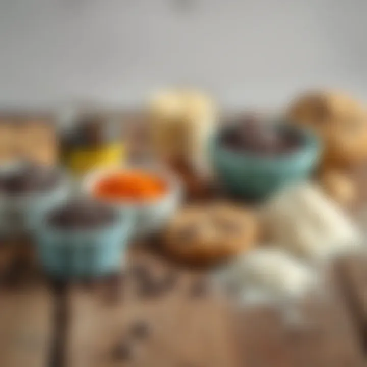 Key Ingredients for Chocolate Chip Cookies An assortment of chocolate chip cookie ingredients arranged on a rustic wooden surface.