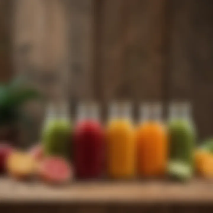 A selection of homemade juices in clear glass bottles on a wooden table