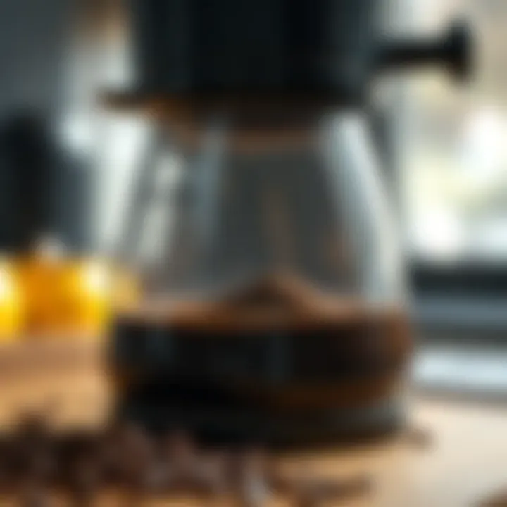 Close-up of brewing capabilities with fresh coffee grounds
