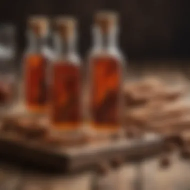 Bottles of cinnamon candy oil on a rustic wooden table.