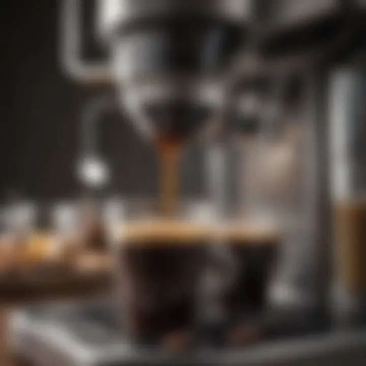 Close-up view of coffee brewing in a European coffee maker, highlighting technology