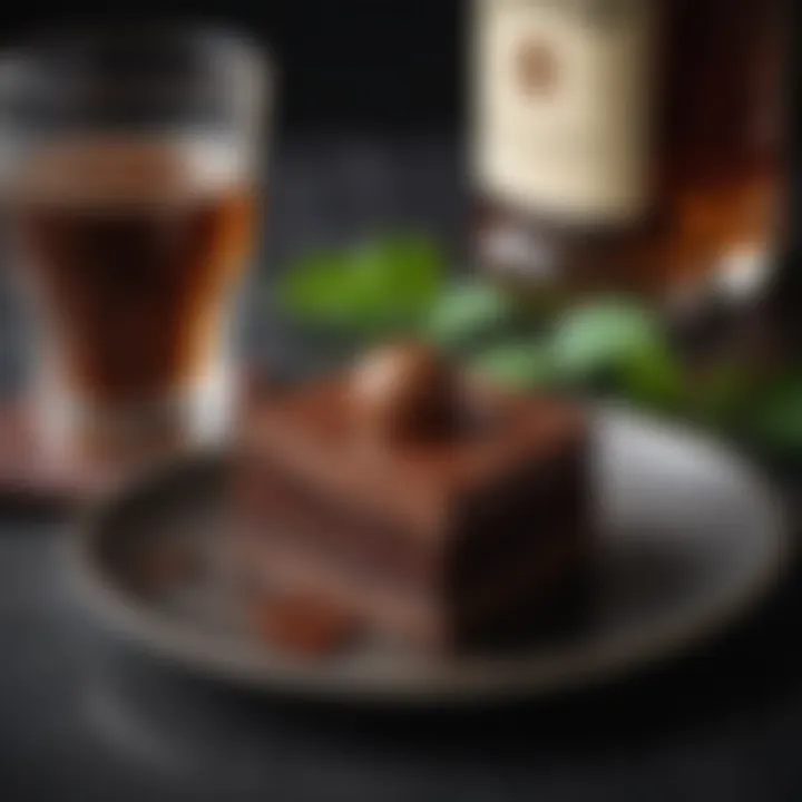 A decadent chocolate dessert elegantly presented alongside a glass of Jameson whiskey.