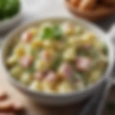 A creamy potato salad garnished with fresh herbs, served in an elegant bowl.