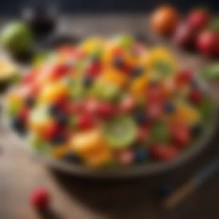 A colorful fruit salad showcasing seasonal fruits, beautifully presented on a platter.