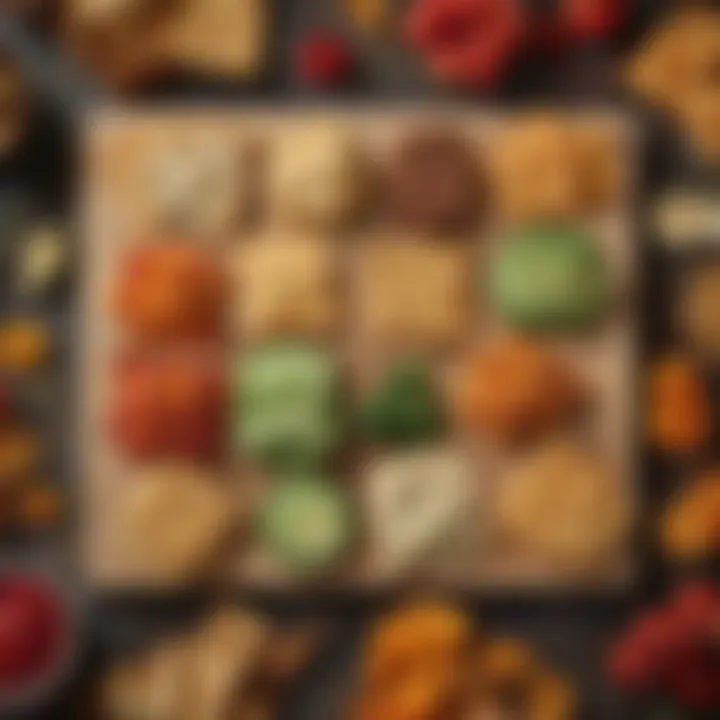 A vibrant assortment of vege crackers displayed on a wooden board