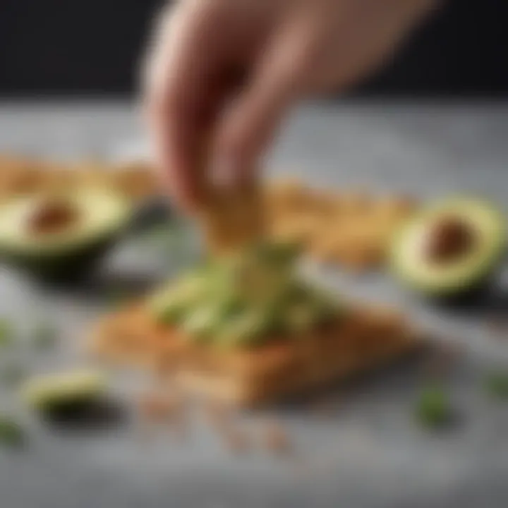 Close-up of a hand reaching for a vege cracker topped with avocado and herbs