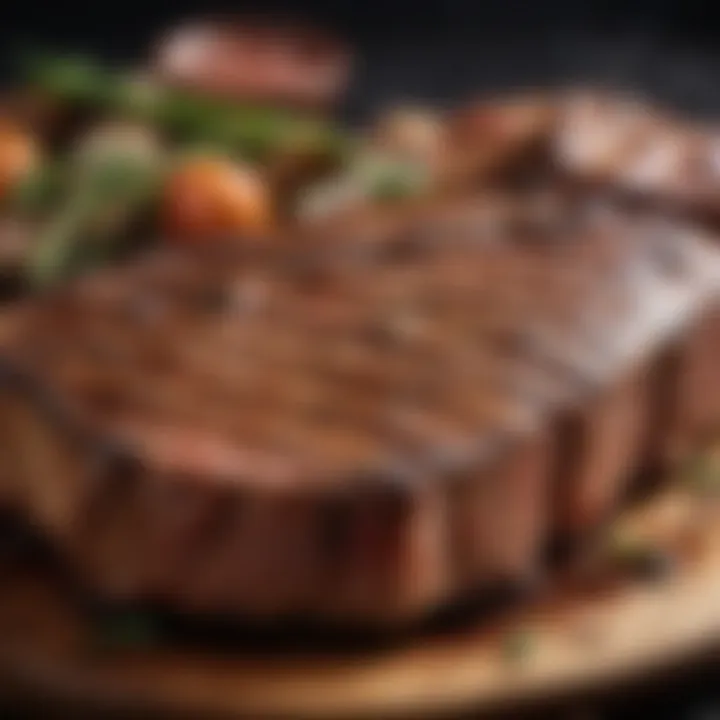 Close-up of a perfectly grilled T-bone steak with grill marks