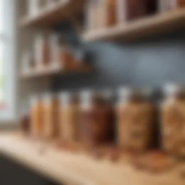 Storage containers for homemade trail mix lined up on a kitchen shelf