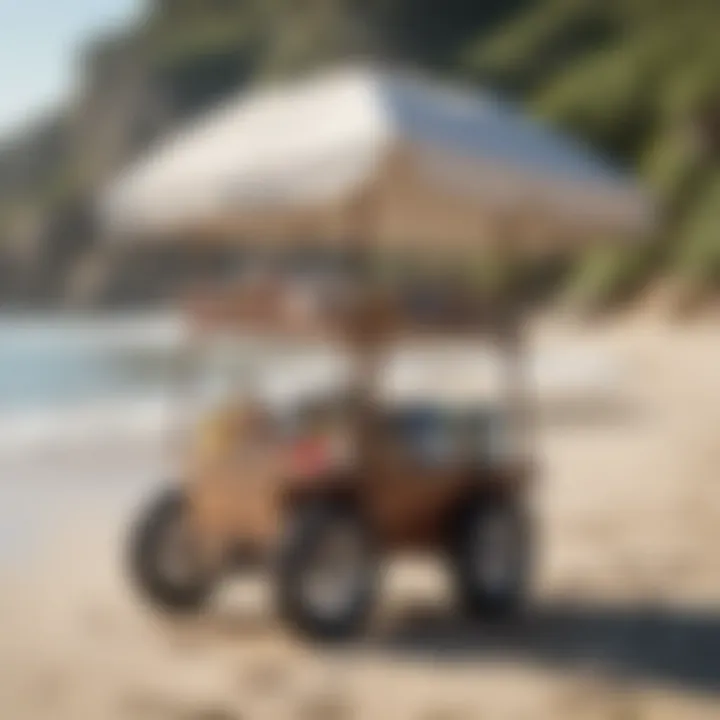 A stylish big beach cart on a sandy shore filled with beach gear