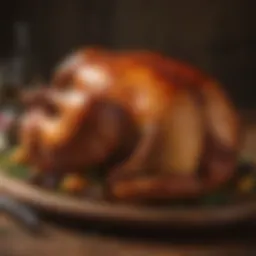 A beautifully roasted turkey displayed on a wooden table