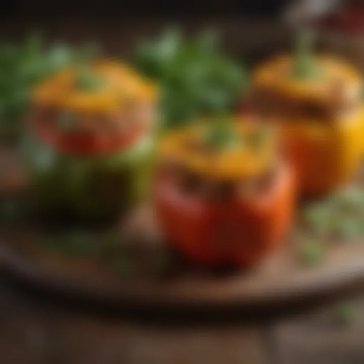 An elegant presentation of stuffed peppers garnished with fresh herbs