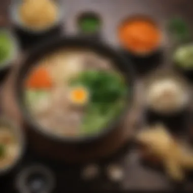 A variety of ingredients used in making udon soup, including mushrooms and vegetables