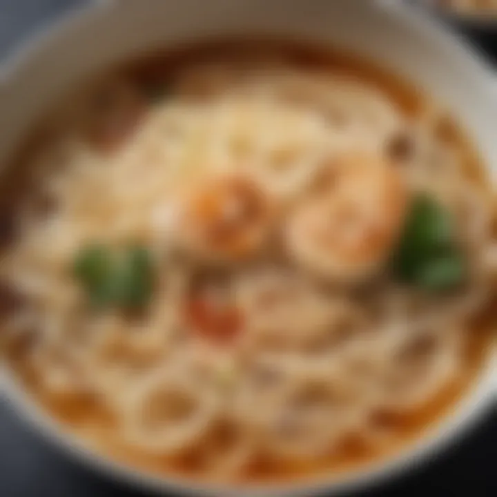 A close-up of udon noodles soaking in rich broth