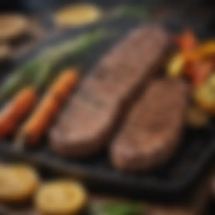 A mouth-watering display of grilled steaks and vegetables.